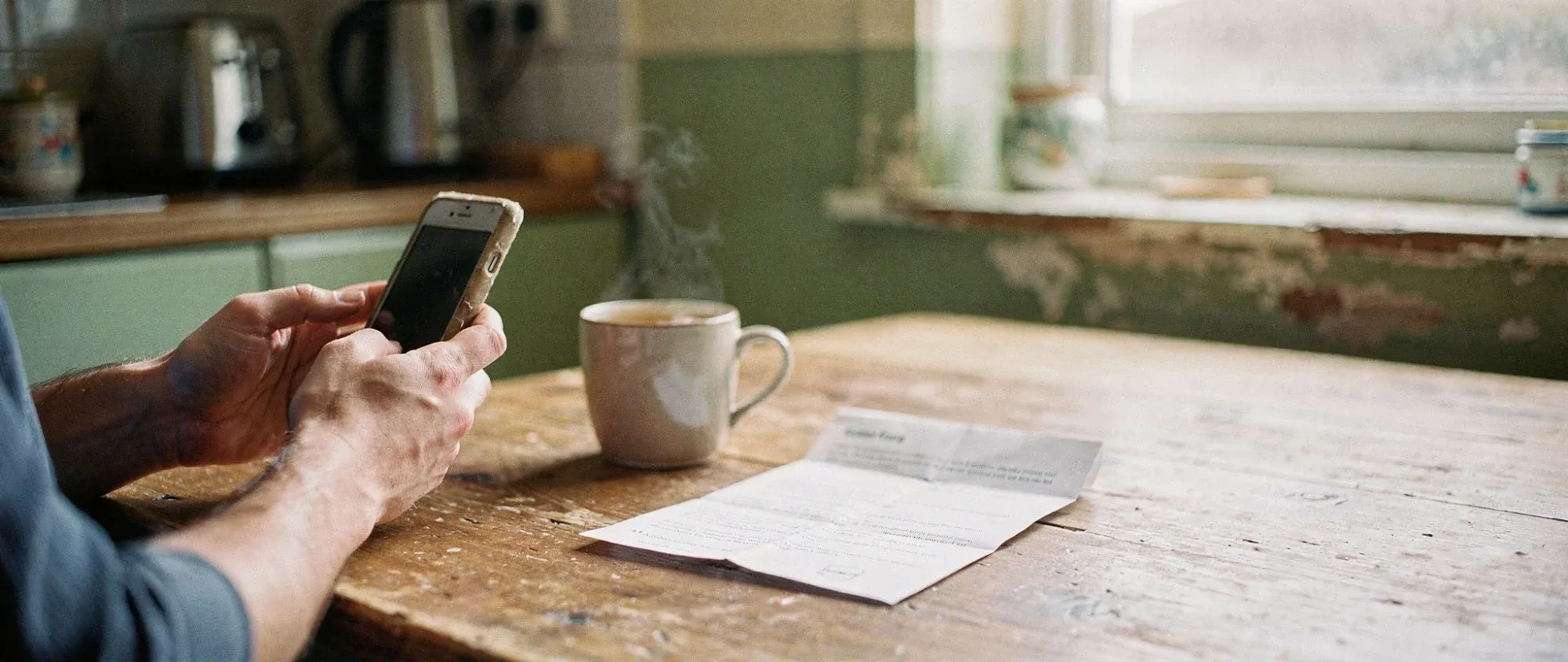 An adult's hands holding an older phone at a kitchen table by a window, warm soft light.