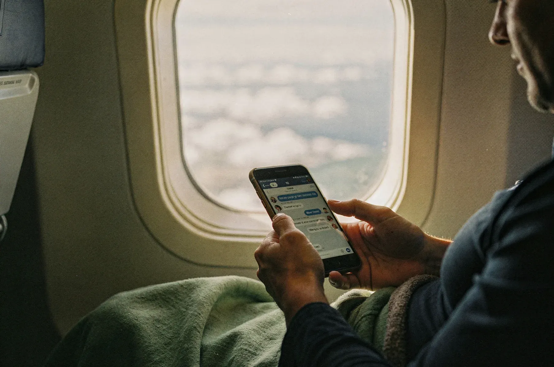An adult in an aeroplane window seat reads a family chat on their phone, with clouds visible through the cabin window beside them.